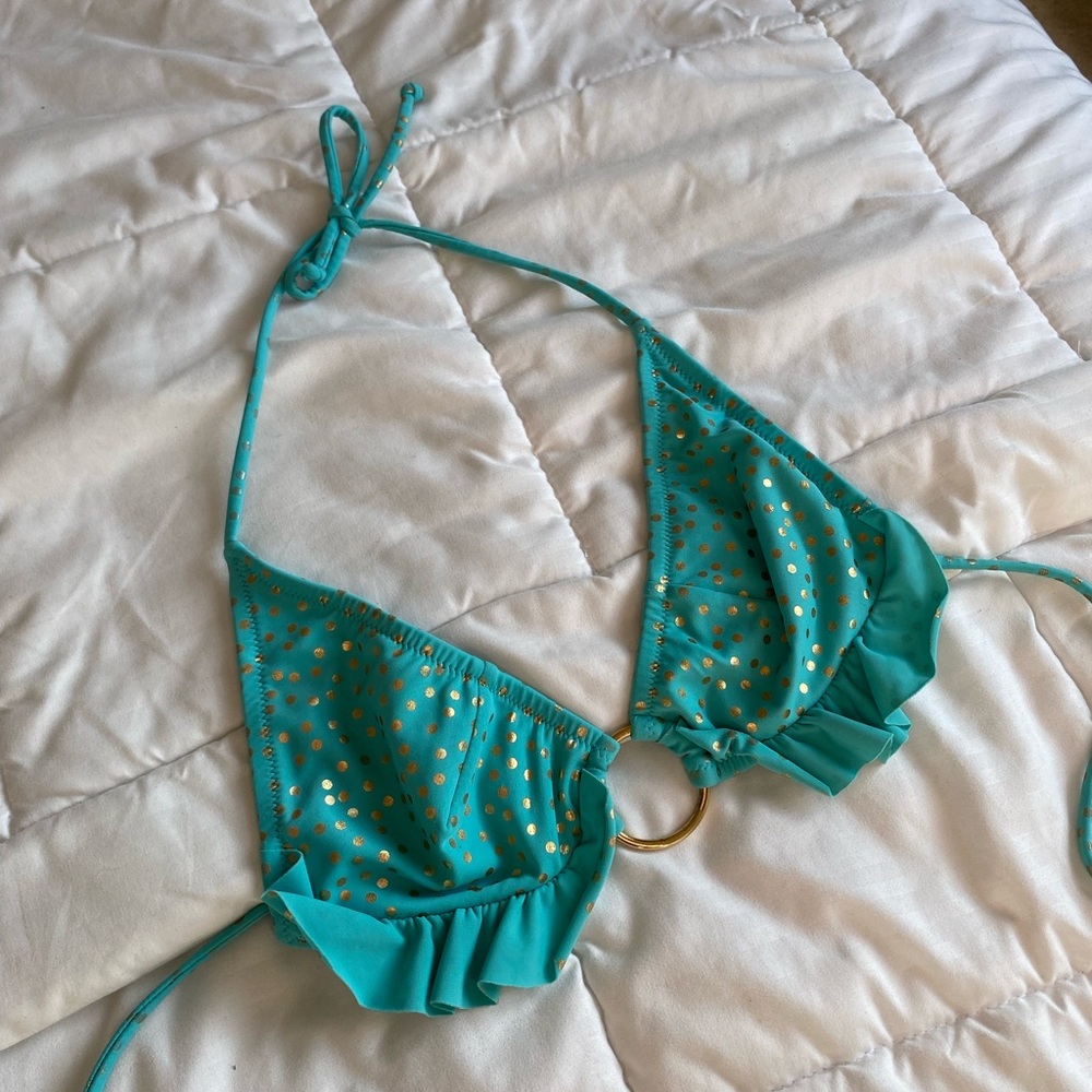 Turquoise Polka Dot Bikini Top with Gold Accents